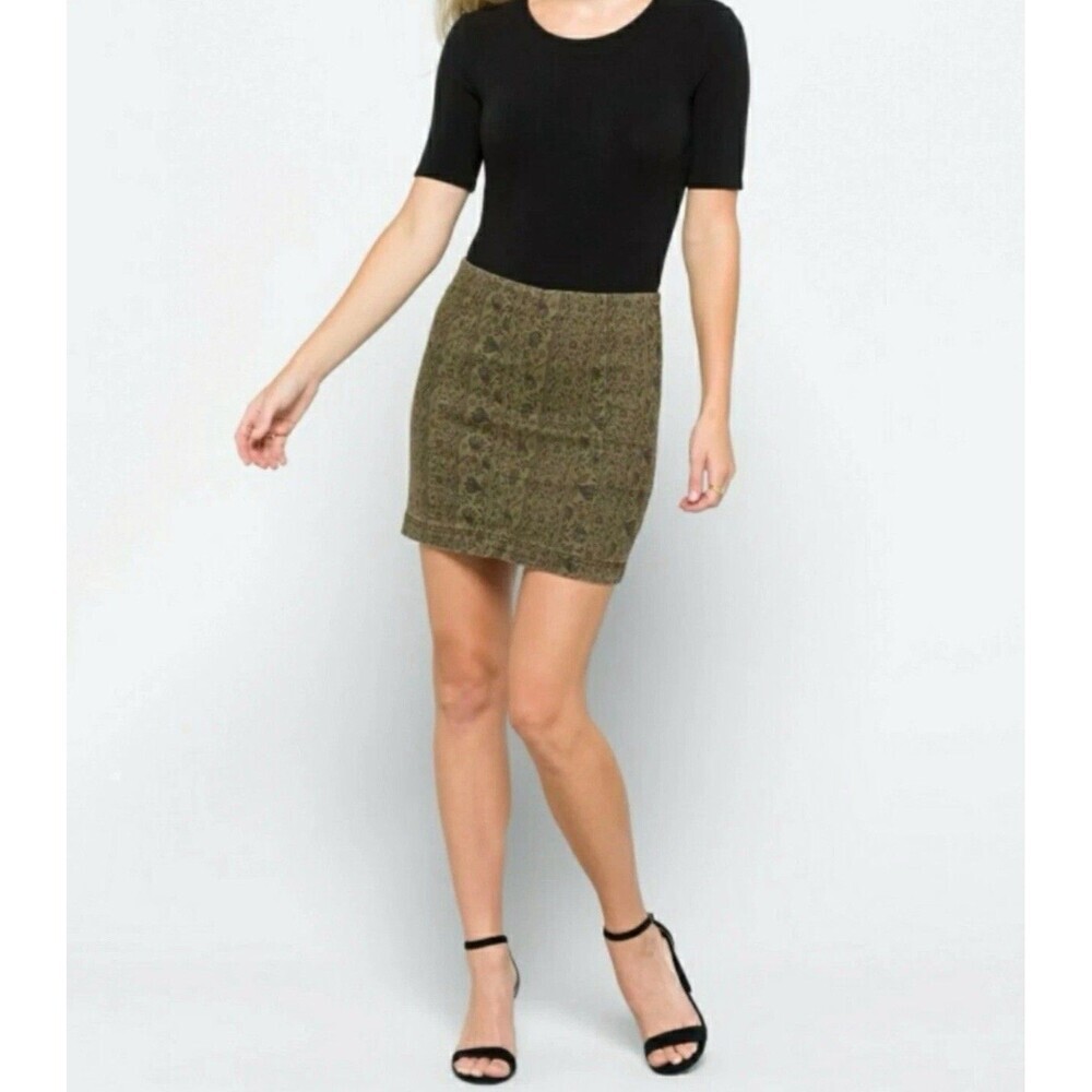 Free People Mini Skirt Size‎ 10 Modern Femme Floral Print Denim Green